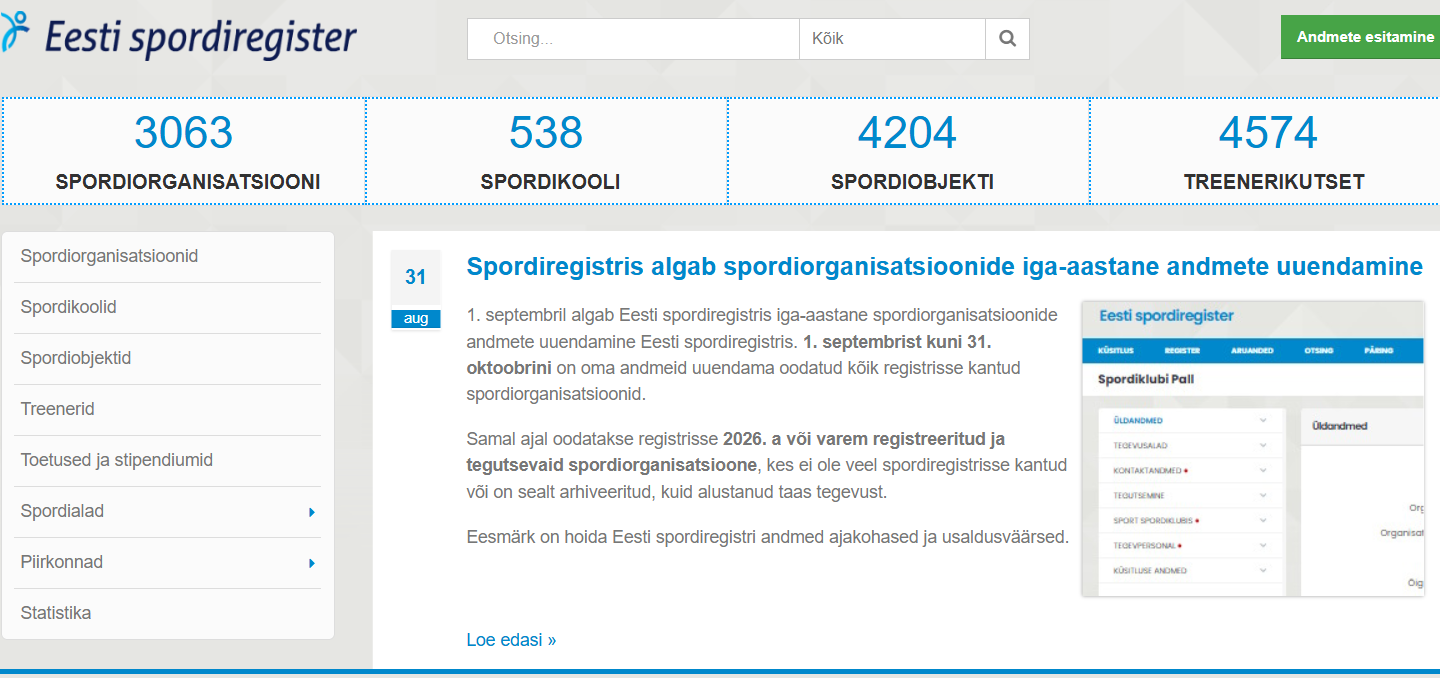 Head Läänemaa spordiorganisatsioonide esindajad! Tuletame meelde, et Eestis tegutseval spordiorganisatsioonil on kohustus olla kantud Eesti spordiregistrisse ni
